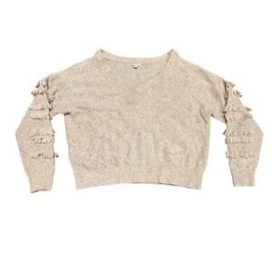 Cato Women's Beige V-Neck Fringe Long Sleeve Knit Pullover Sweater Size XL